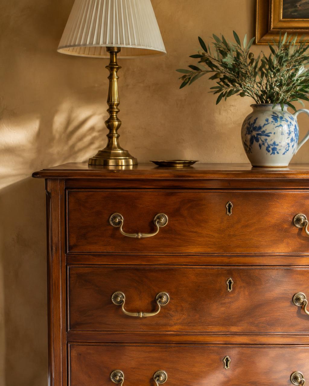 Cómoda antigua de madera con tiradores de latón, lámpara vintage y jarra con ramas de olivo